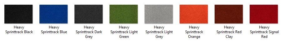 Beschikbare kleuren Sprinttracks: zwart, wit, rood, donkergrijs, lichtgroen, blauw, geel, oranje, paars en grijs